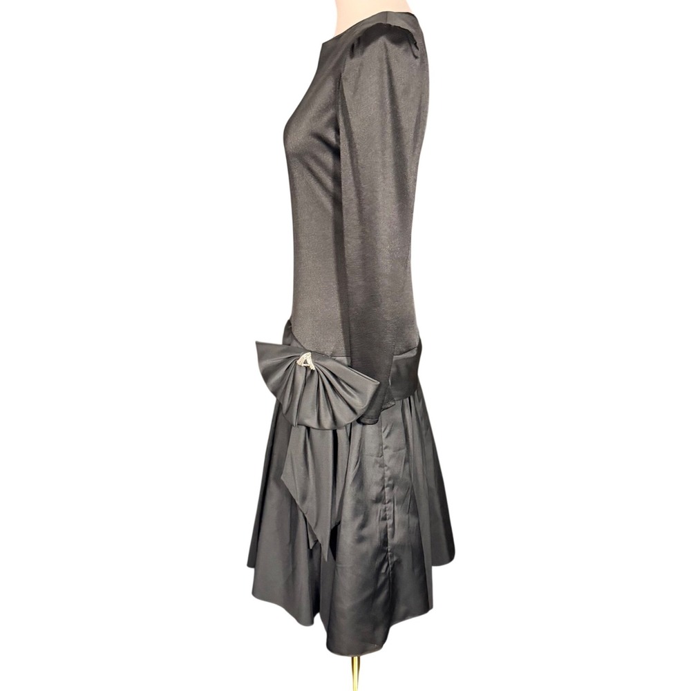 After Dark Vintage 80s Black Drop Waist Pleated Bow Cocktail Dress Size 6 glam - Picture 4 of 8